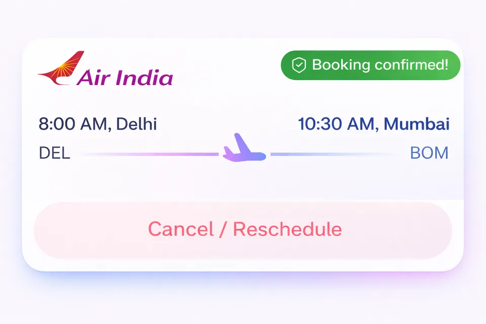 Illustrative flight booking confirmation with a cancel or reschedule option