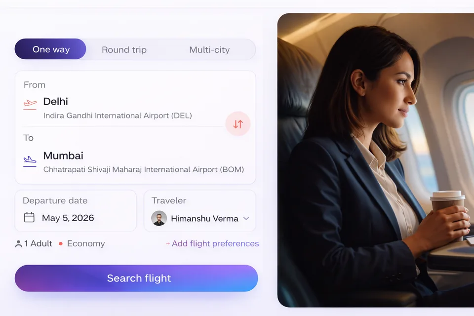 Illustrative flight search screen beside a traveller on a plane